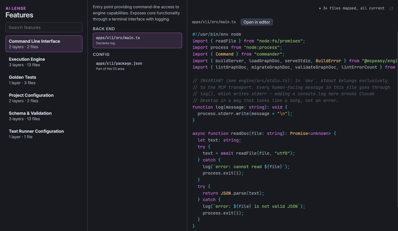 AI Lense mapping a project's features to the source files that implement them