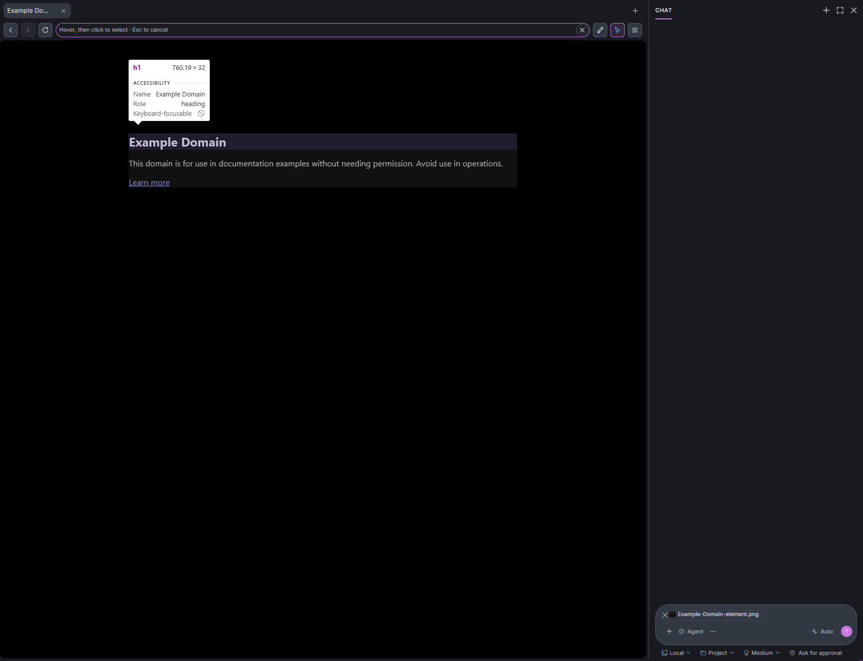 The built-in browser with a page element selected and its properties inspected